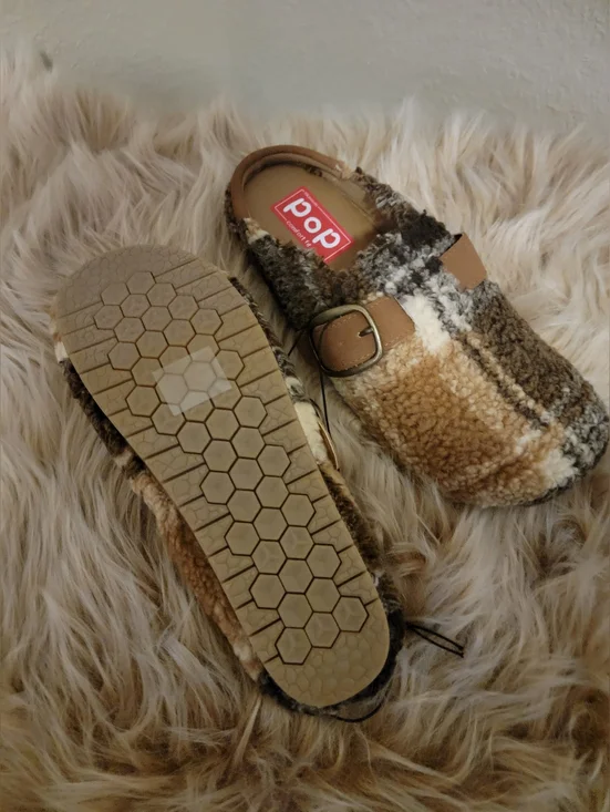 pop Plaid Sherpa Buckle Mules in Brown and Cream - Picture 3 of 3